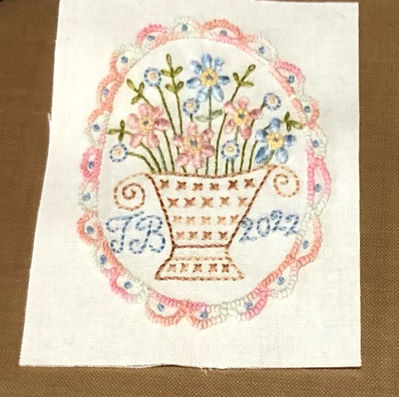 Cornflower Needle Roll kit designed by Hatched and Patched and stitched by Tracy from The poppy Patch Posse with date