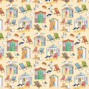 Emma Ball Coastal Beach Huts Cream cotton fabric