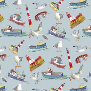 Emma Ball Coastal Lighthouses Blue Cotton Fabric
