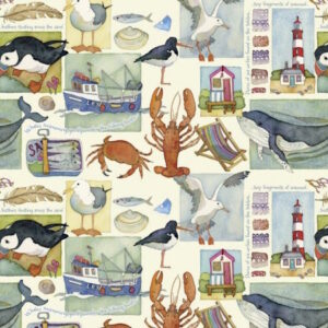 Emma Ball Coastal Multi Seaside Icons on a cream fabric background