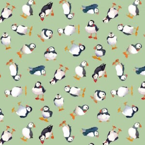 Emma Ball Coastal Puffins Green Cotton Fabric