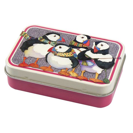 Emma Ball Knitted Puffins Mini Hinged Tin