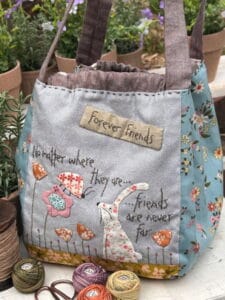 Hatched and Patched Friendship Drawstring bag pattern with applique design by Anni Downs