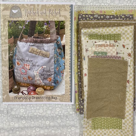 Hatched and Patched Friendship Drawstring Bag pattern and fabric