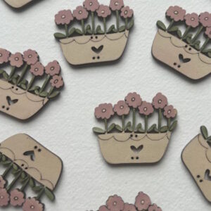 Hand Painted Wooden Oblong Flower Pot Button Pink