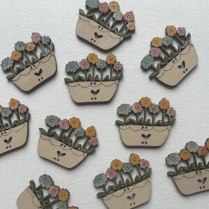 Hand Painted Wooden Oblong Flower Pot Button Pastel Colour