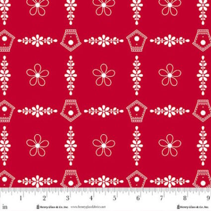 Henry Glass Redberry Lane Birdhouse Trellis Red Cotton Fabric by Gail Pan