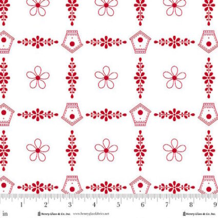 Henry Glass Redberry Lane Birdhouse Trellis White Cotton Fabric by Gail Pan