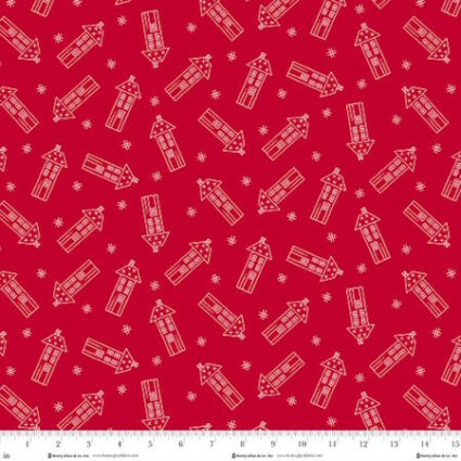 Henry Glass Redberry Lane Has Tag Scattered Houses Red cotton fabric by Gail Pan