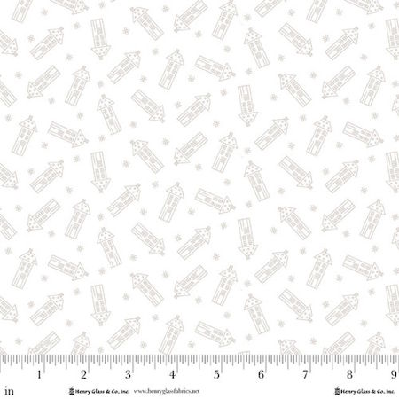 Henry Glass Redberry Lane Tiny Houses White cotton Fabric by Gail Pan