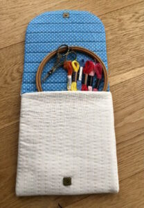 Designer Leanne's House Stitcher's Keeper pattern and kit review. with my sewing items inside.