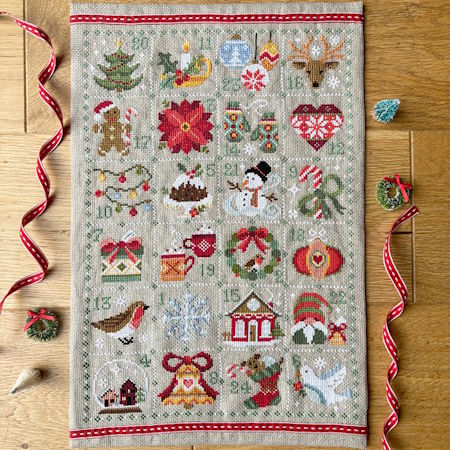 Love Poppet Feeling Festive Christmas advent Cross Stitch Kit on Linen