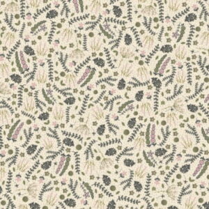 Lynette Anderson Botanicals flowers and leaves on a cream fabric background by Nutex