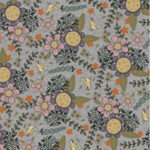 Lynette Anderson Botanicals Flowers and Birds on a soft grey blue fabric background