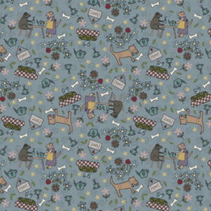 Lynette Anderson Good Boy and Kitty Doggy Tea Party on a blue fabric background designed for Nutex