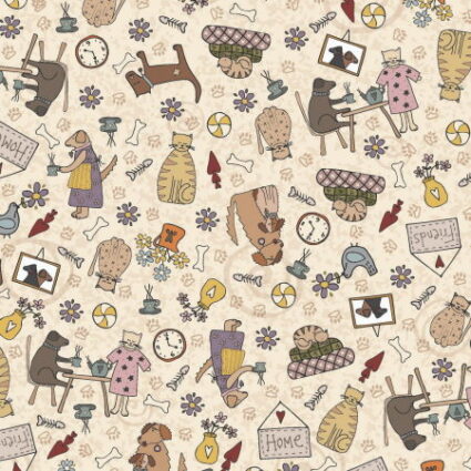 Lynette Anderson Good Boy and Kitty Fun Cats and dogs on a cream fabric background