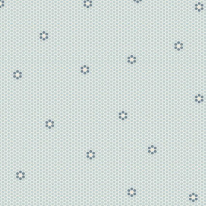 Lynette Anderson Something Borrowed Something Blue Hexagons and daisies on a soft blue fabric background