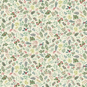 Makower Christmas Enchanted Foliage Cream little holly sprigs and other foliage on a cream fabric Background