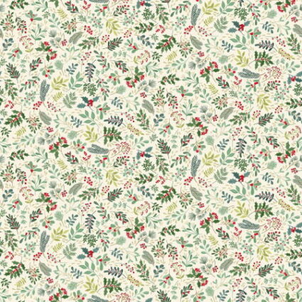 Makower Christmas Enchanted Foliage Cream little holly sprigs and other foliage on a cream fabric Background