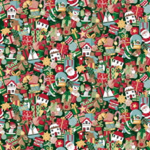 Makower Christmas Wishes Stocking Fillers on a green fabric background