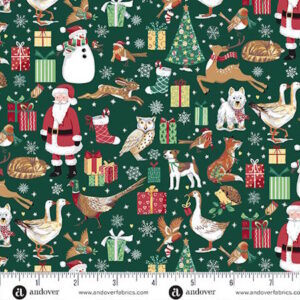 Makower Country Christmas Friends dark green novelty fabric