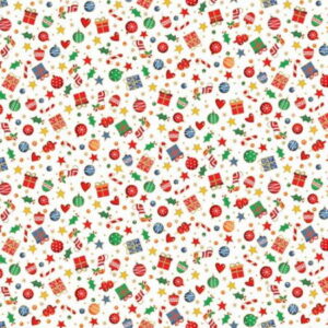 Makower Santa Christmas Little Christmas icons on a white fabric background