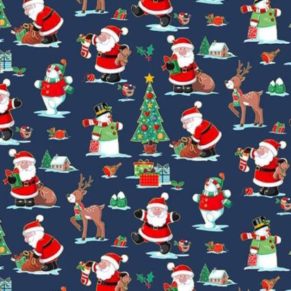 Makower Santa Christmas this is a dark blue fabric with Santas, Reindeer, christmas trees and snowmen with gold metallic detail