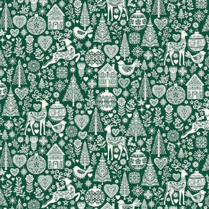 Makower Scandi 2025 Christmas Scenic in green cotton fabric