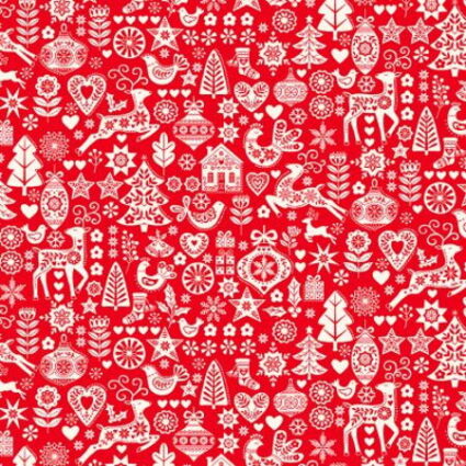 Makower Scandi Christmas Icons on a red fabric background