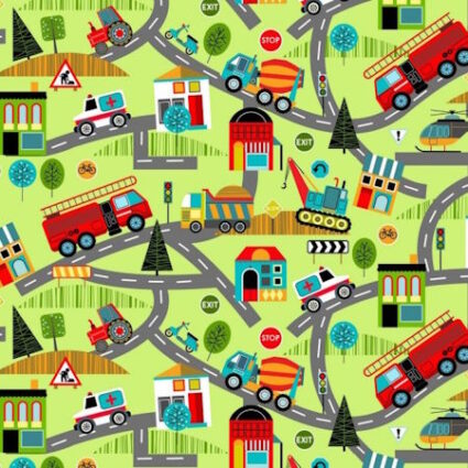 Nutex Around the Town Green childrens novelty fabric