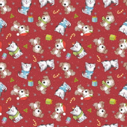 Nutex Christmas Novelty Fabric Cats and Dogs on a red fabric background