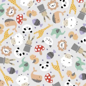 P and B Textiles Dream Drifters Tossed Animal Grey Novelty Childrens fabric