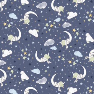 P and B Textiles Sleepy Sloth Toss Blue cotton Fabric