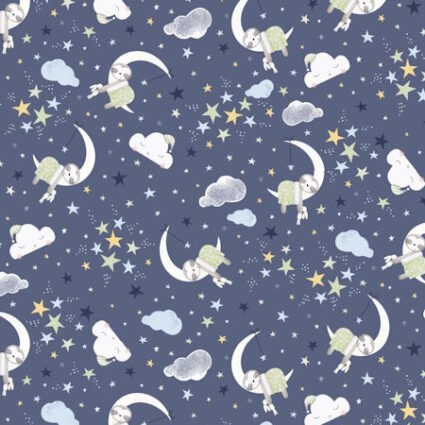 P and B Textiles Sleepy Sloth Toss Blue cotton Fabric