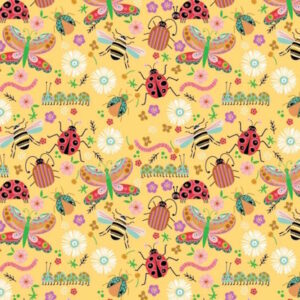 Poppie Cotton Hey Love Bug Yellow Cotton Fabric