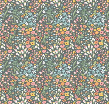 Poppie Cotton Hollyhock Lane floral design on a grey fabric background
