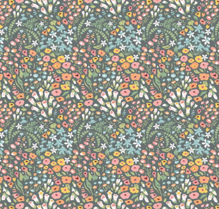 Poppie Cotton Hollyhock Lane floral design on a grey fabric background