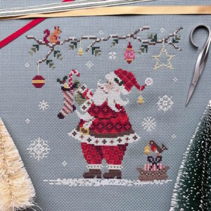 Santas visit cross stitch kit in 14 count Aida
