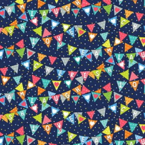 Studio E Baby Love Multi Coloured Flag Banner on a navy fabric background