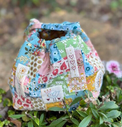 The Birdhouse Little Bitty Boho Drawstring Bag Pattern with pre-printed stitchery fabric