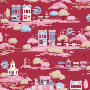 Tilda Village Life Village Burgundy cotton Fabric