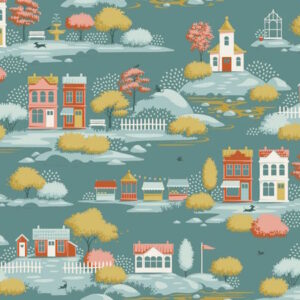 Tilda Village Life Village Teal cotton fabric