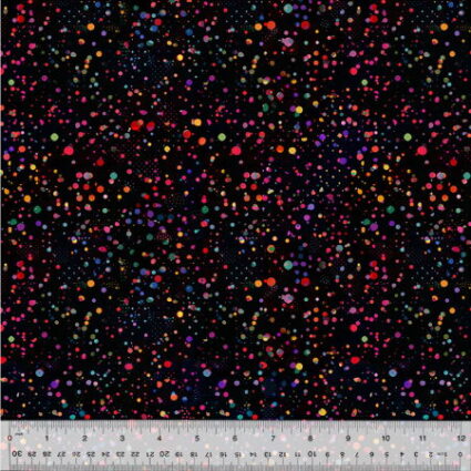 WindhamFabric Catsville Multio coloured spots on a black fabric background