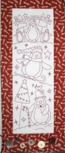 The Birdhouse Chilly Penguins Redwork Christmas wall Hanging Pattern by Natalie Bird